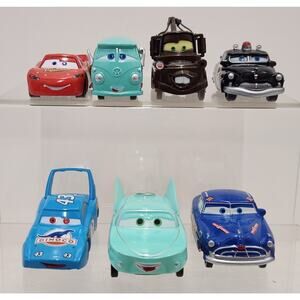 Lot Of 7 Disney Pixar Diecast Cars Fillmore Lightning McQueen Sheriff Dinoco Flo